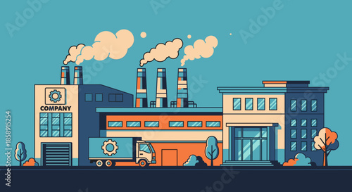 Flat vector illustration of an industrial complex company headquarters and delivery truck
