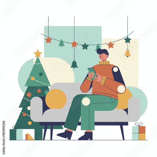 Digital Christmas Man relaxes on sofa texting next to a festive tree and gifts