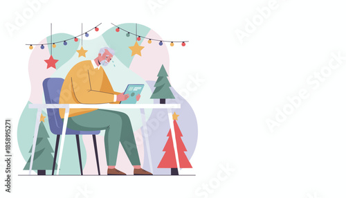 Lonely senior man crying while using a tablet during Christmas illustrating holiday isolation and sadness