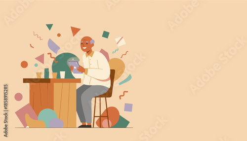 Smiling senior man enjoying leisure time using a tablet device at a bar counter Digital literacy concept