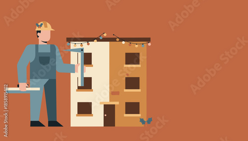 Contractor planning festive renovation work on a residential building illustration