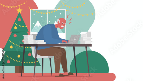 Stressed senior man works furiously on deadline at a cluttered desk during the Christmas holidays