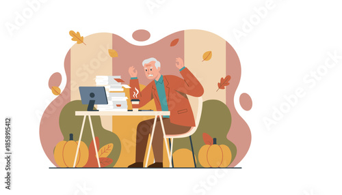 Senior businessman stressed by huge workload and deadline pressure in the autumn office environment