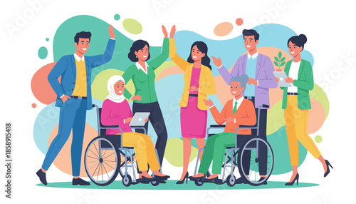 Happy diverse team celebrating success Inclusion equity and corporate collaboration illustration