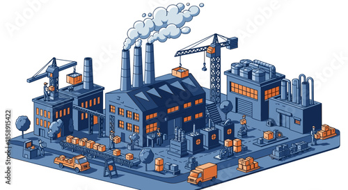 Isometric industrial factory complex illustration showing manufacturing logistics workers and global production