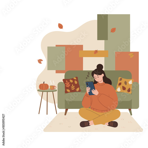 Tired woman scrolls smartphone in a cozy fall living room setting Relaxing concept