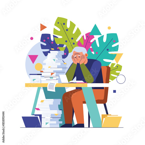 Stressed senior worker facing burnout from massive piles of documents and deadlines