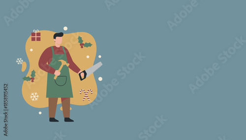 Man craftsman holding tools surrounded by festive Christmas symbols