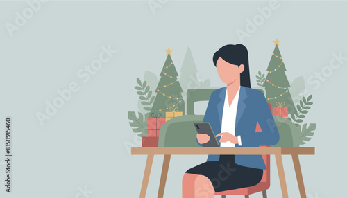 Professional woman using tablet multitasking during holiday season Christmas business digital shopping