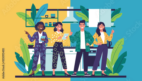 Diverse smiling business team collaborating in a vibrant modern kitchen setting