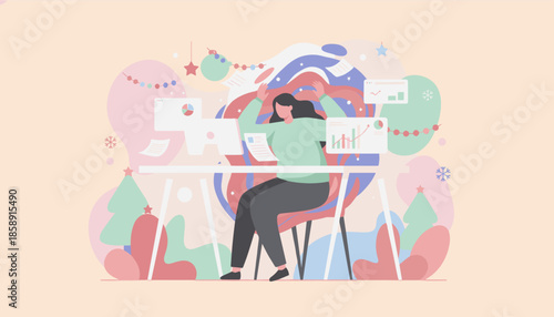 Overworked woman struggles with business deadlines and high stress during the festive holiday season
