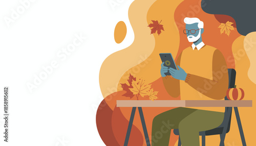 Senior man viewing smartphone content during autumn Copy space for text