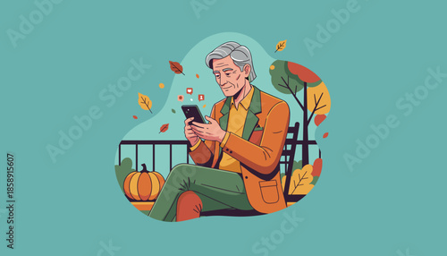 Happy senior man connects online via smartphone on an autumn balcony Digital elderly life