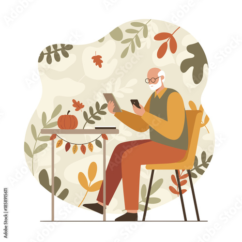 Senior man using tablet and phone at an autumndecorated table Technology and modern retirement lifestyle