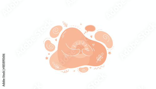 Abstract selfcare illustration hands holding a glowing sunheart symbolizing inner warmth peace and wellness concept