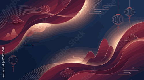 Vibrant abstract landscape with red waves and lanterns
