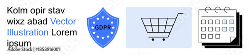 Data privacy, online shopping, scheduling tools, digital compliance, protection, organization. Blue GDPR shield, shopping cart and calendar icons. Data privacy and online shopping visualization