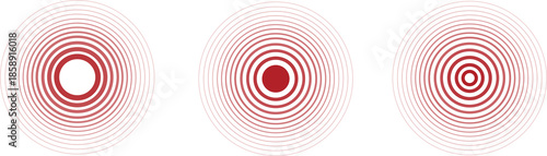 Abstract concentric circle pattern with red radial lines forming optical ripple effects on a white background. Minimal geometric design creating a sense of vibration, depth, and motion.