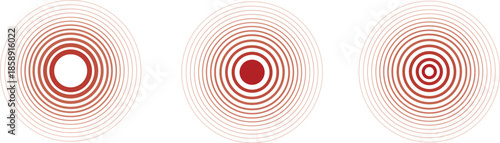 Abstract concentric circle pattern with red radial lines forming optical ripple effects on a white background. Minimal geometric design creating a sense of vibration, depth, and motion.