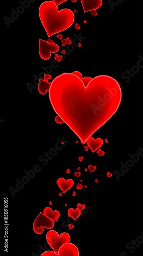 Red Hearts Floating Upwards On Black Background Loop