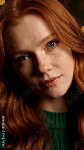 Red Haired Woman Green Sweater Bokeh Lights