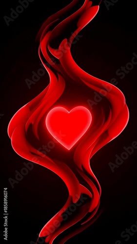 Red Heart Glows Within Red Ribbons On Black Background Loop