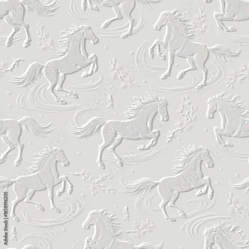 Elegant 3D embossed horse seamless pattern with rearing stallions. Textured light grey relief emboss background for luxury wallpaper, textile. Endless beautiful vector texture with embossing effect.