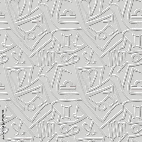 Abstract 3D embossed zodiac seamless pattern with horoscope symbols. Textured light grey relief background for mystical astrology designs, luxury wallpaper and textile. Endless surface emboss texture.