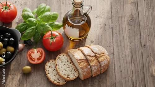 A rustic still life of sliced bread, fresh tomatoes, olives, and a bottle of oil on a wooden table. Perfect for food blogs, recipe websites, and culinary magazines.
