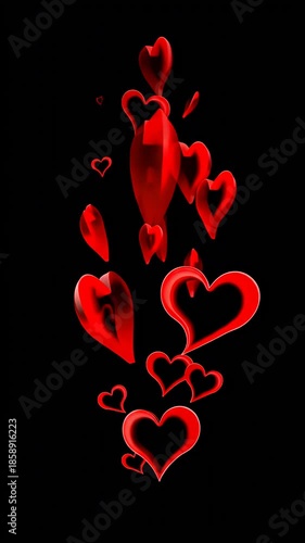 Red Hearts Flowing Upward Black Background Motion Graphic Loop