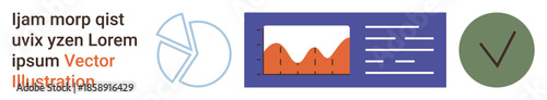 Data analysis, business reports, UI design, digital charts, analytics, visualization. Pie chart, line graph text layout and checkmark symbols. Data analysis and business reports concept