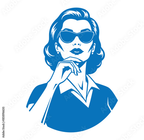 Blue illustration of a woman wearing sunglasses and posing thoughtfully in a stylish outfit