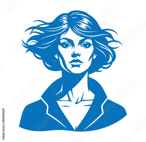 blue illustration of a woman with short hair and a jacket on white background