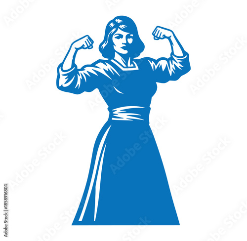 blue woman in dress flexing her muscles strong and confident female power
