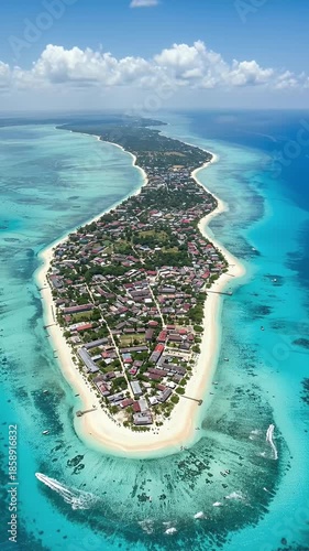 Tropical Island Aerial View Blue Ocean Turquoise Water Sandy Beach Village