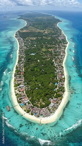 Tropical Island Aerial View With Lush Green Trees White Sand Beaches Turquoise Water