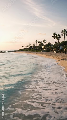 Tropical Beach Shoreline With Palm Trees and Gentle Waves At Sunset