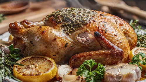 Roasted whole chicken on platter surrounded by garnishes and lemon slices