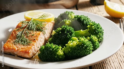 Salmon and broccoli plated meal with lemon garnishing ready to eat