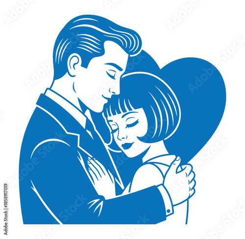 man and woman embracing with heart shaped object behind them