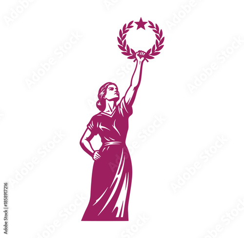 woman in a dress holding a laurel wreath and star up high in her hand