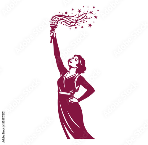 woman in dress holding torch with stars and sparks rising up