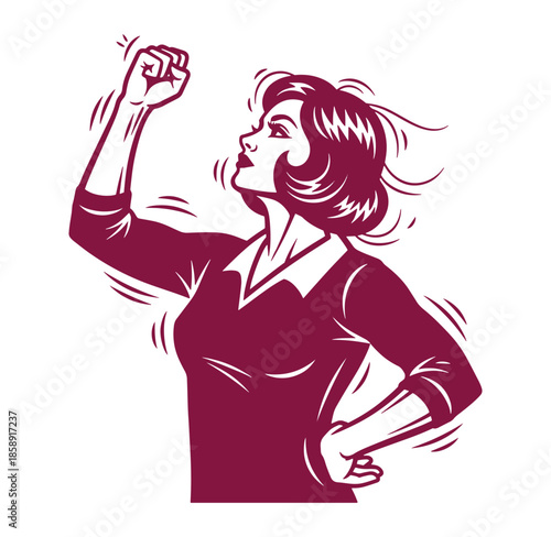 Woman with raised fist and confident expression in a powerful pose