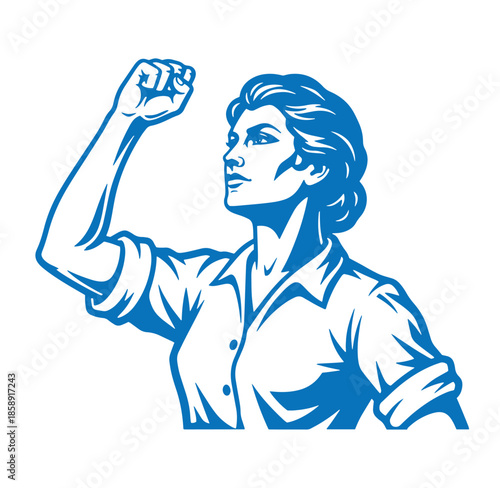 Woman with raised fist in a blue and white illustration  symbol of female empowerment and strength
