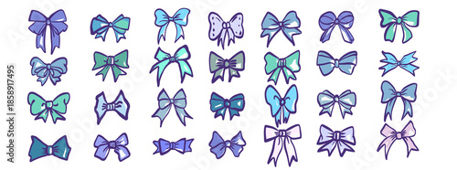 Cute hand drawn doodle bow and ribbon set in pastel blue and purple colors. Perfect for stickers, branding, fashion, wedding, gift wrapping, kids design, scrapbooking, and creative digital project.