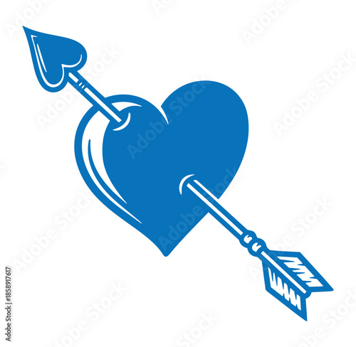 blue heart pierced by an arrow with heart shaped tip isolated on white background