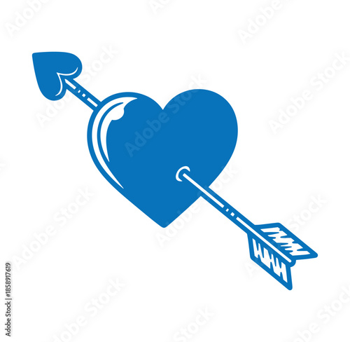 blue heart pierced by arrow with heart shaped tip on white background