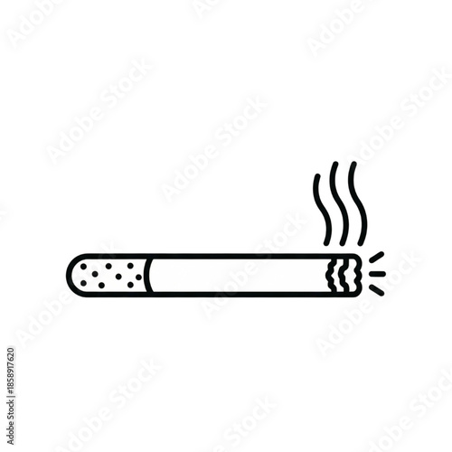 lit cigarette with smoke and ash icon - black line art vector illustration