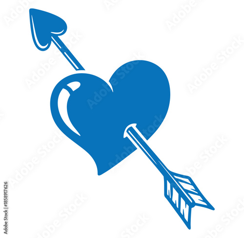 blue heart pierced by arrow with heart shaped tip on white background