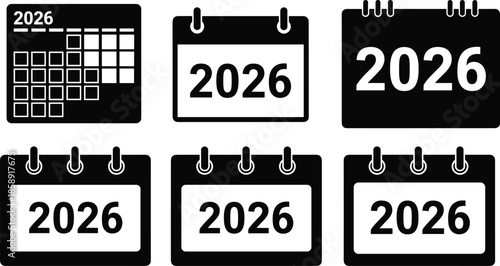  2026 calendar icons vector set with black and white date reminder pages, planner schedule templates, minimalist yearly design elements for business and office
